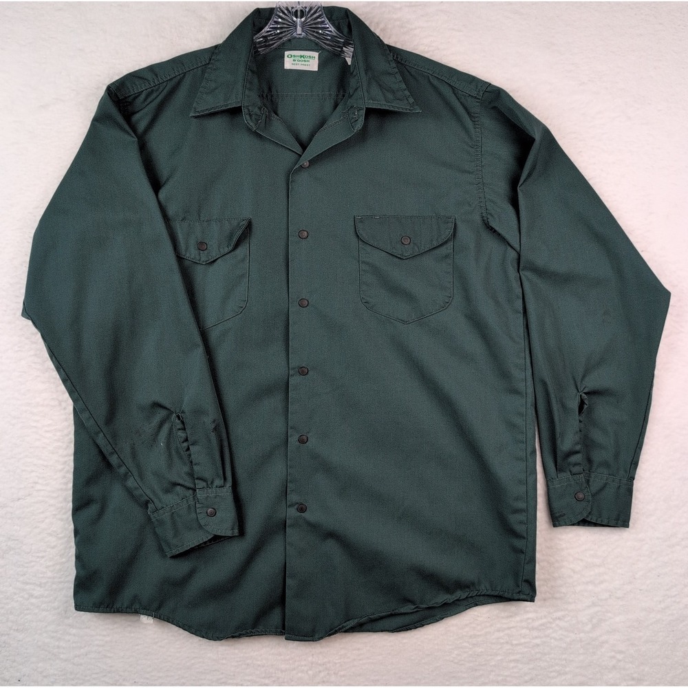 Vintage OshKosh B'Gosh Green Work Shirt Gripper Snaps USA Made Sz 16.5